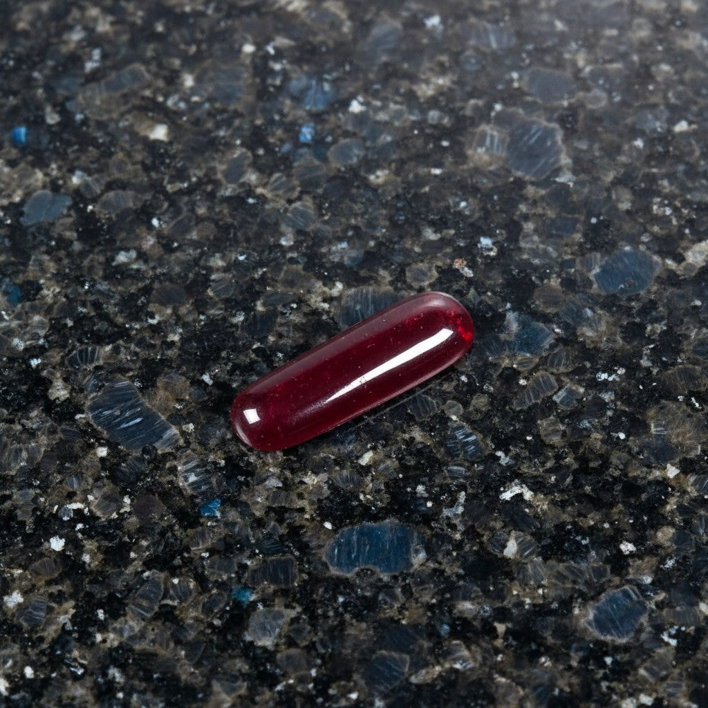 SilverStones.Pk elongated oval ruby-red cabochon gemstone for jewelry making, smooth polished surface.