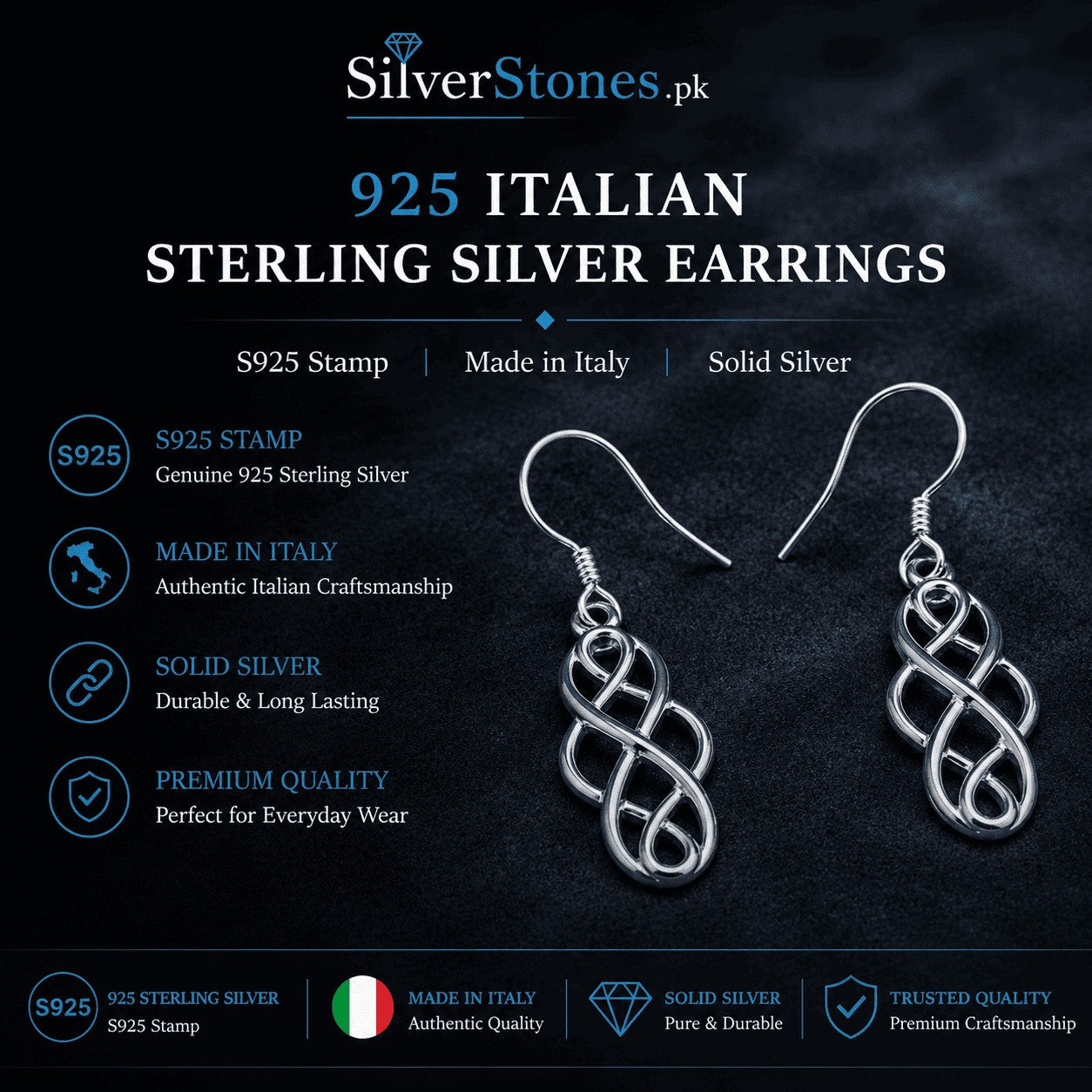 SilverStones.Pk 925 Italian sterling silver earrings featuring an intricate knot design with secure hook closures.