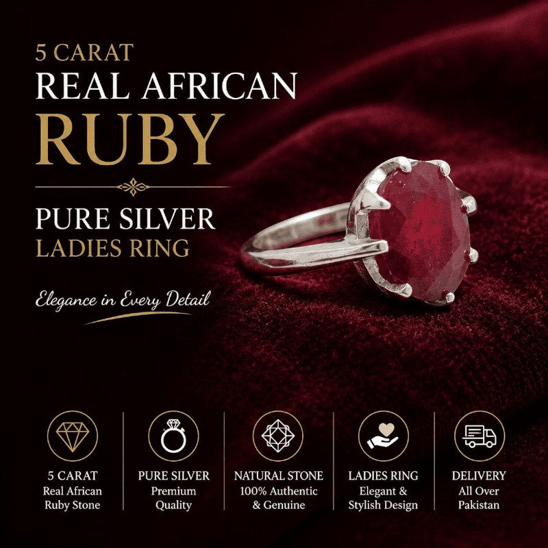 SilverStones.Pk ladies ring featuring a 5-carat oval African ruby set in pure silver on a deep red velvet background.