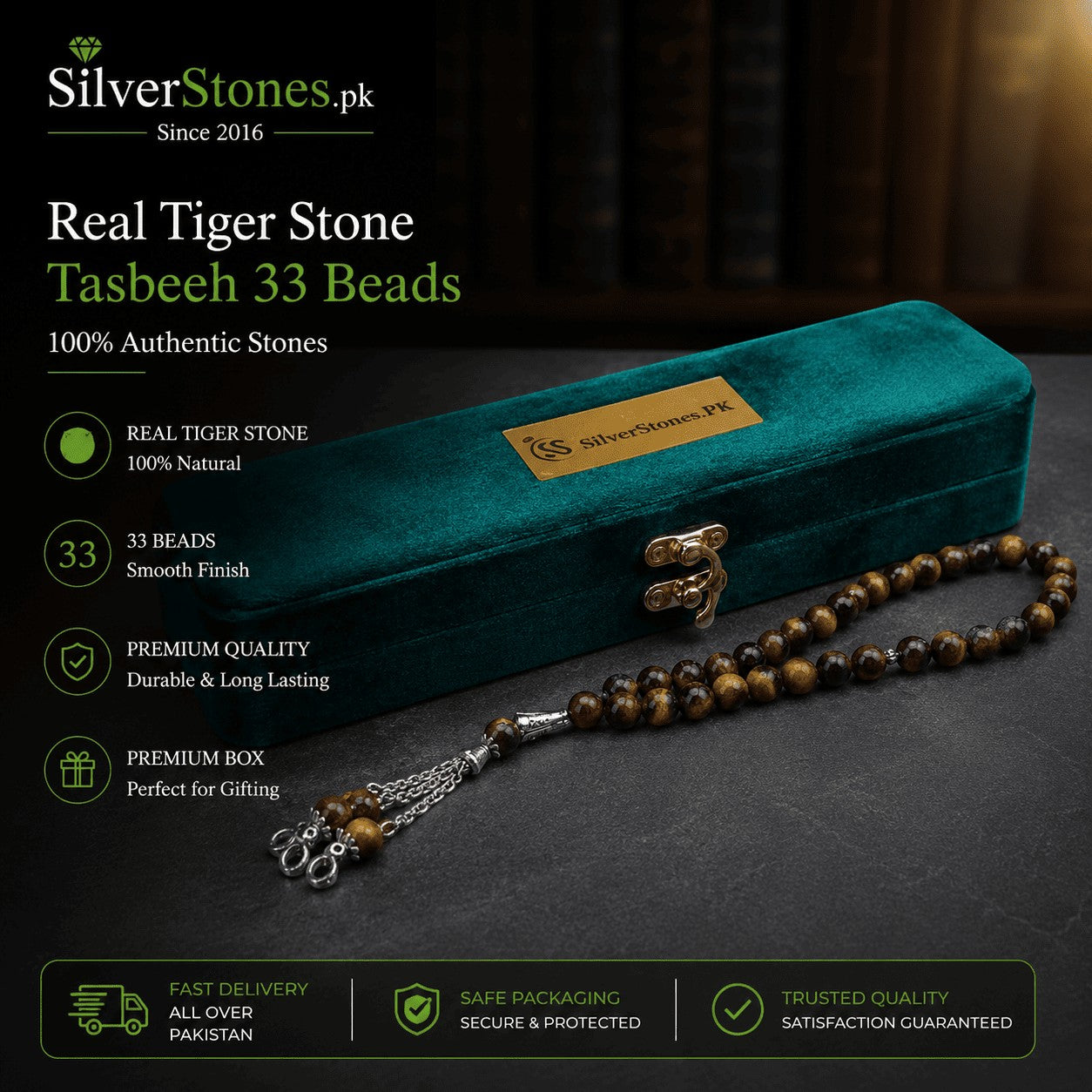 SilverStones.Pk 33-bead Tiger Eye stone tasbeeh with golden-brown natural gemstone beads in a premium velvet gift box.