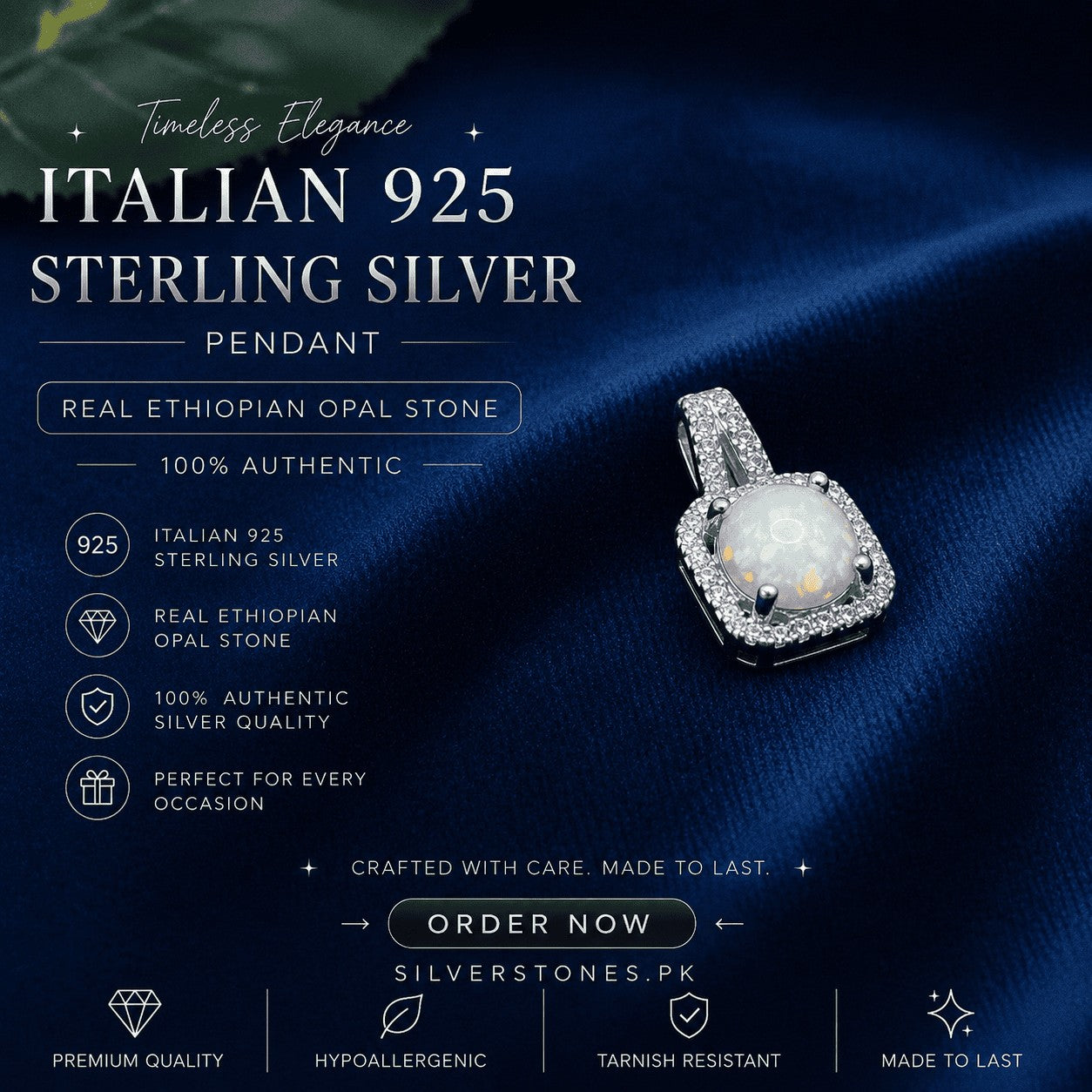 SilverStones.Pk Real Ethiopian Opal pendant in Italian 925 Sterling Silver with rhodium plating and cubic zirconia accents.