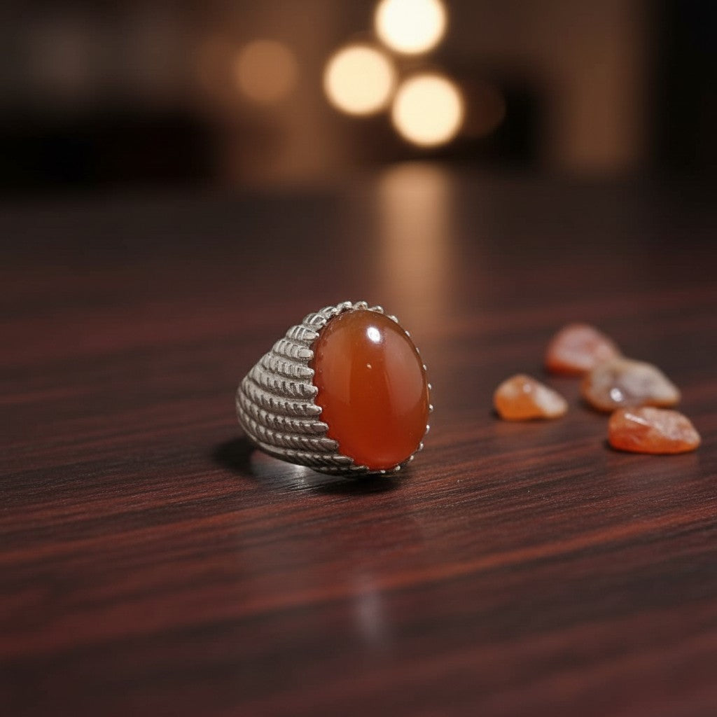 SilverStones.Pk men's ring with oval carnelian gemstone and textured silver band.