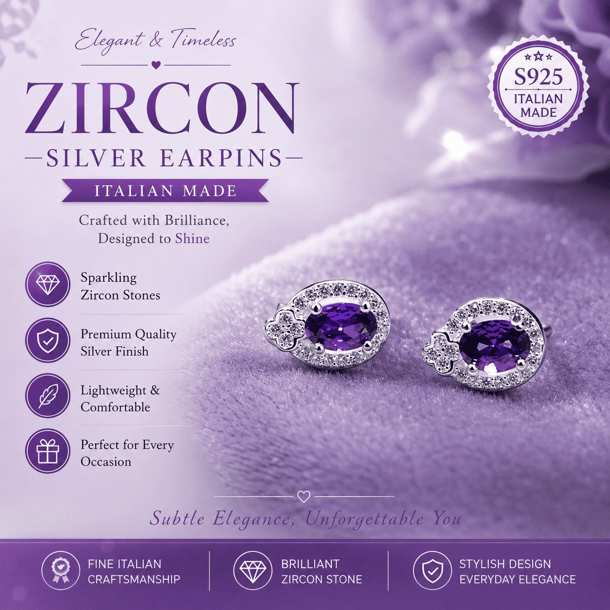 SilverStones.Pk 925 sterling silver ear pins featuring oval purple zircon stones and sparkling clear accents.