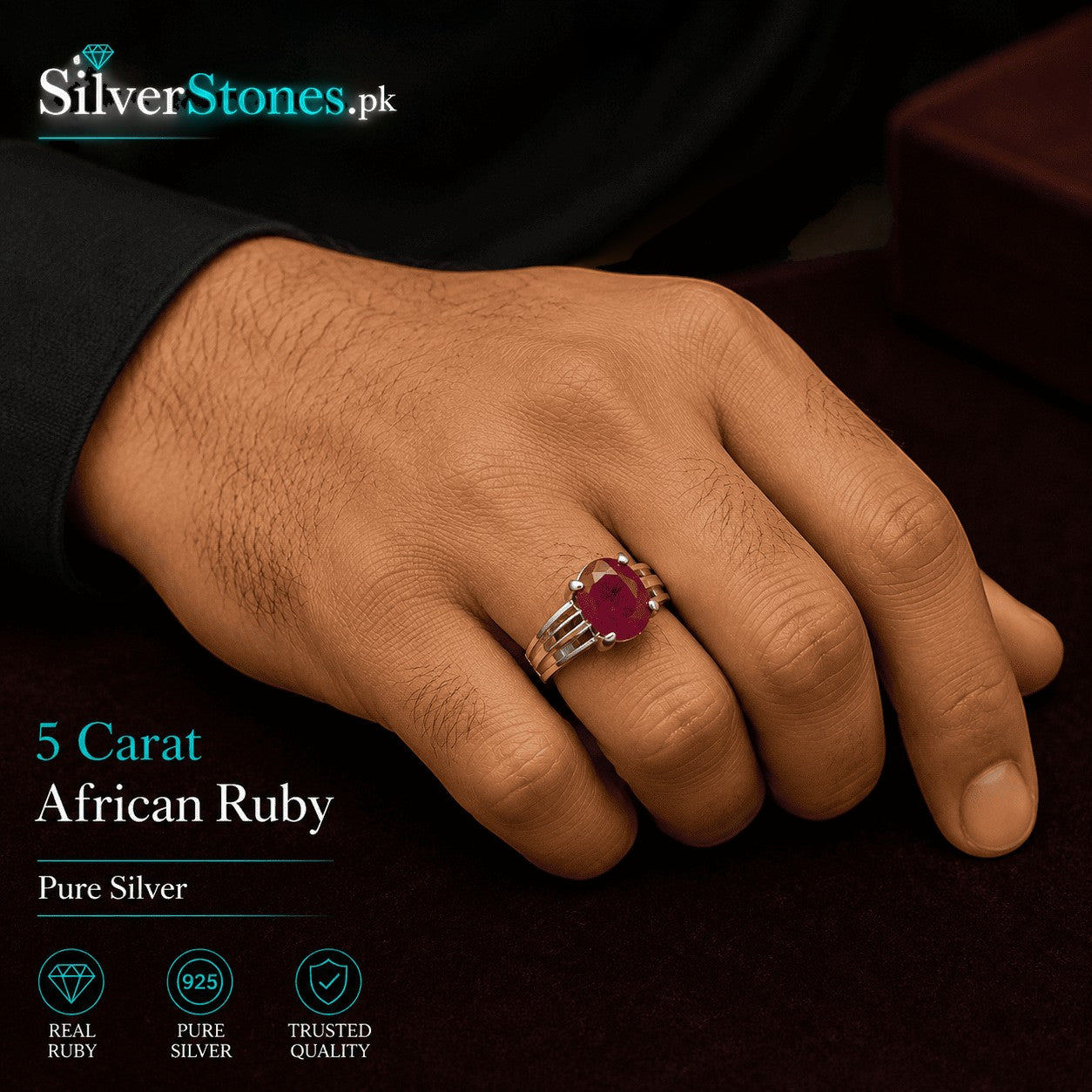 SilverStones.Pk men's ring featuring a deep red natural African ruby set in a polished pure silver band on a hand.