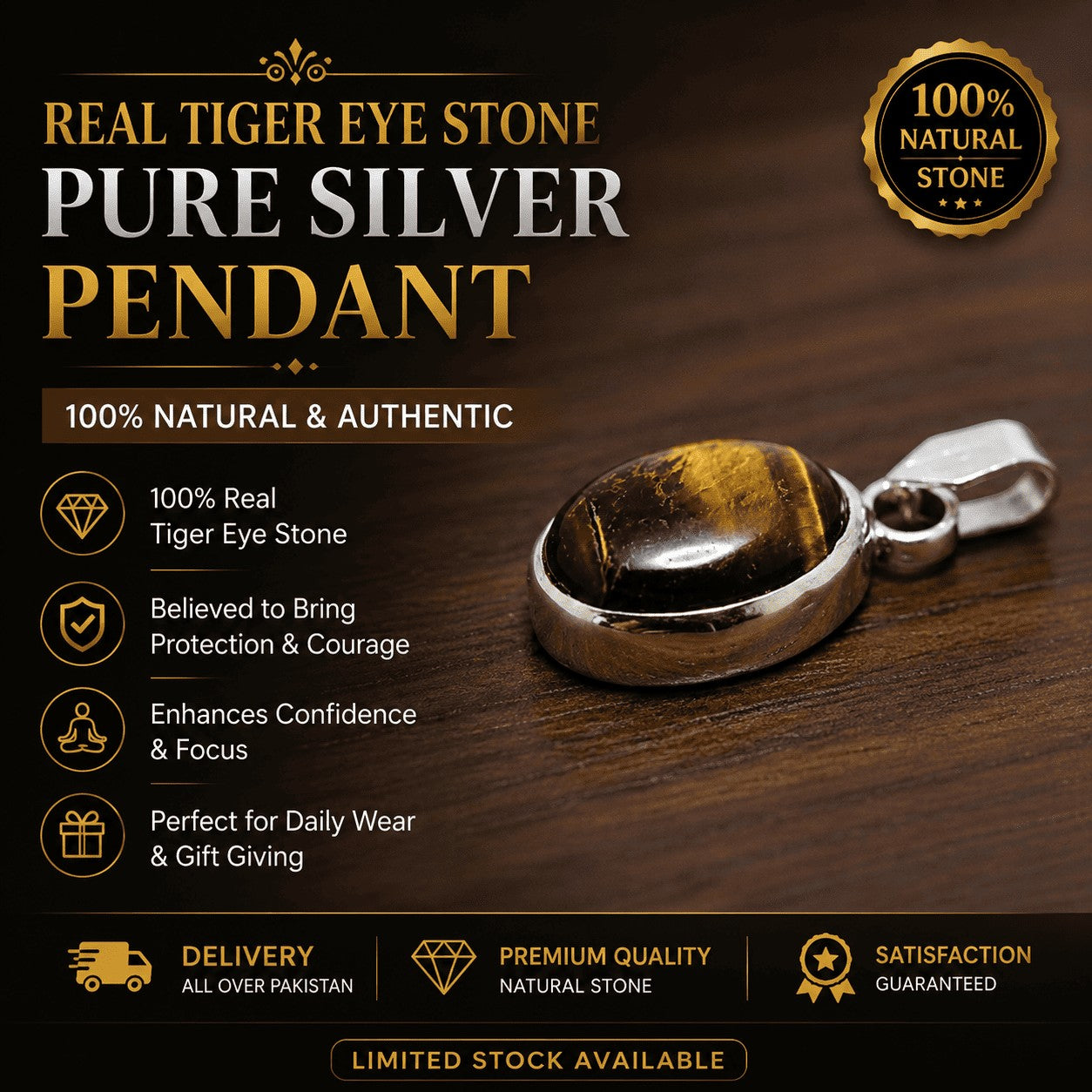 SilverStones.Pk oval Tiger Eye gemstone pendant set in polished silver, featuring a natural golden-brown banded stone.