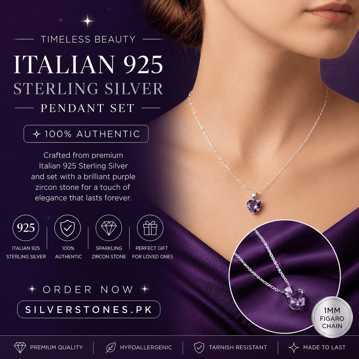 SilverStones.Pk heart-shaped amethyst pendant necklace crafted from Italian 925 sterling silver with a delicate figaro chain.