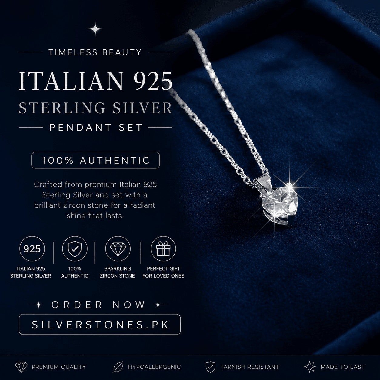 SilverStones.Pk Italian 925 sterling silver heart pendant with a sparkling zircon stone on a Figaro chain.