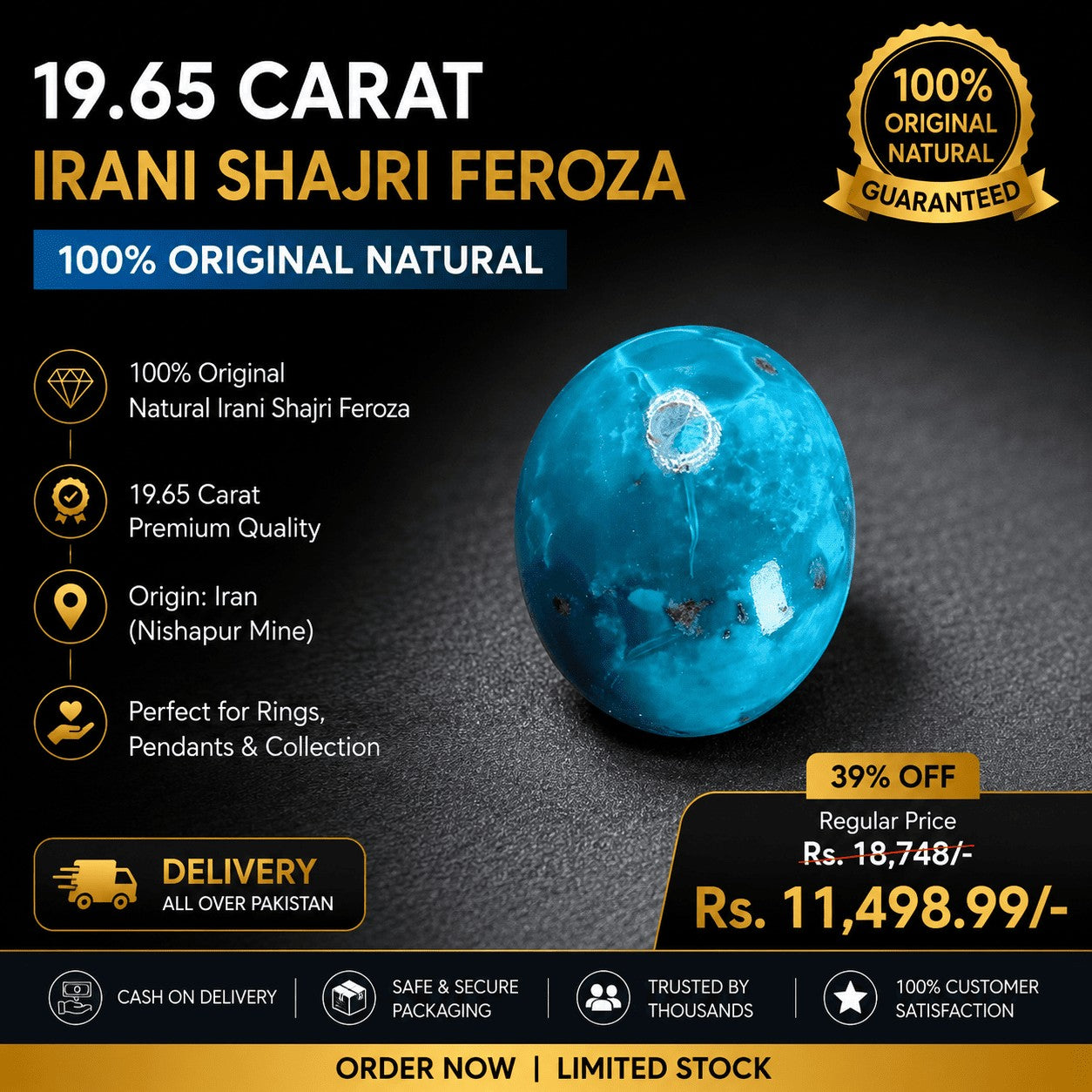 SilverStones.Pk 19.65 carat oval Shajri Irani Feroza turquoise gemstone with natural veining and vibrant blue color.