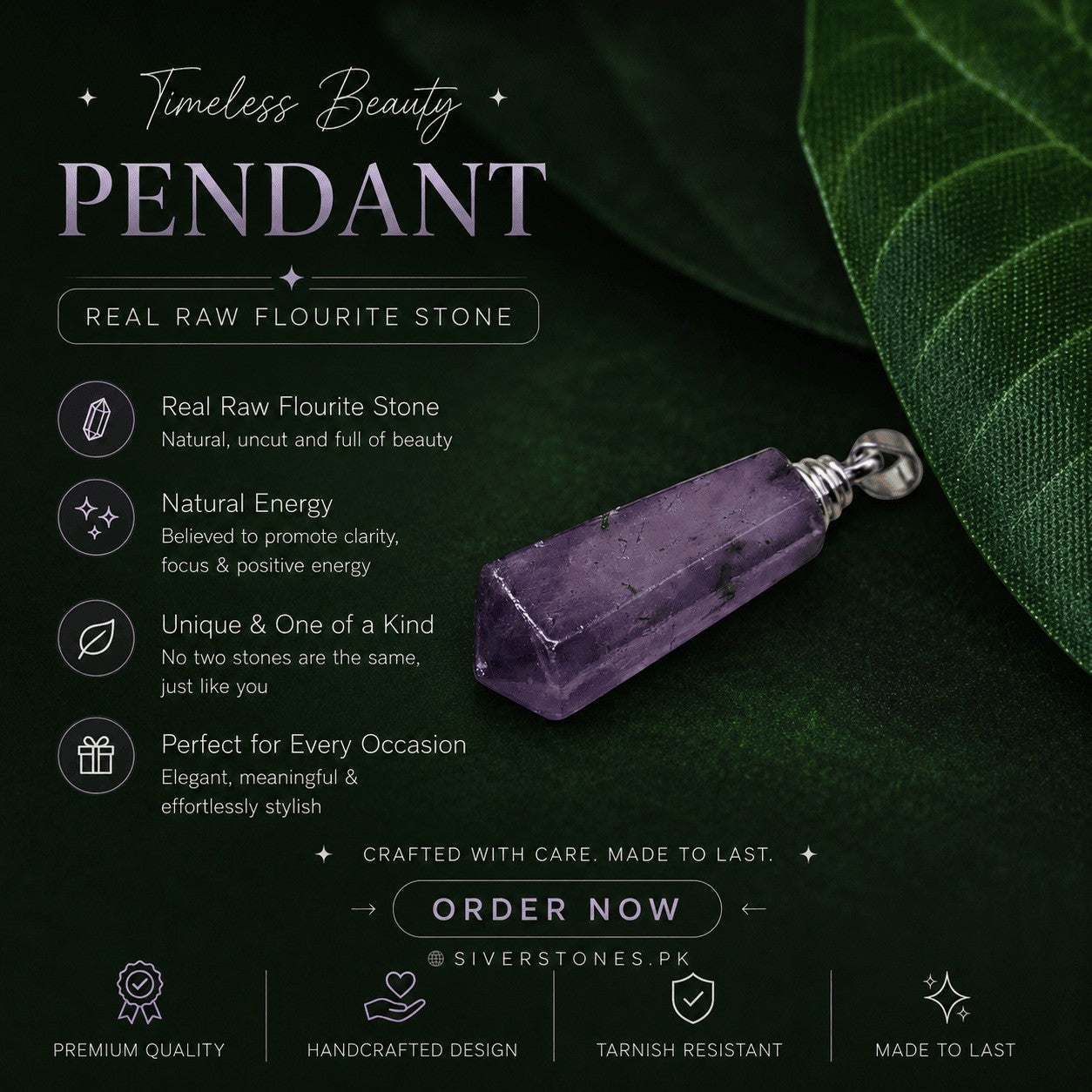 SilverStones.Pk purple fluorite stone pendant with natural inclusions, promoting clarity and focus. Unisex design.