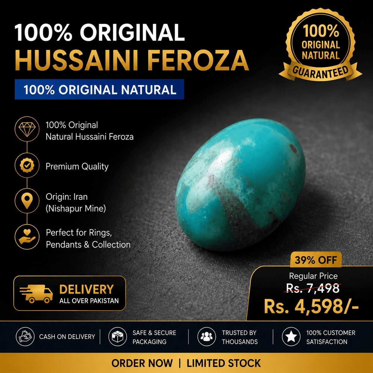 SilverStones.Pk 5.55 carat oval Shajri Hussaini Feroza turquoise gemstone with natural veining and antique appeal.