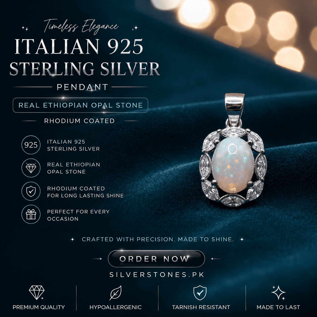 SilverStones.Pk Real Ethiopian Opal pendant in Italian 925 Sterling Silver with rhodium plating. Oval opal surrounded by marquise-cut stones.