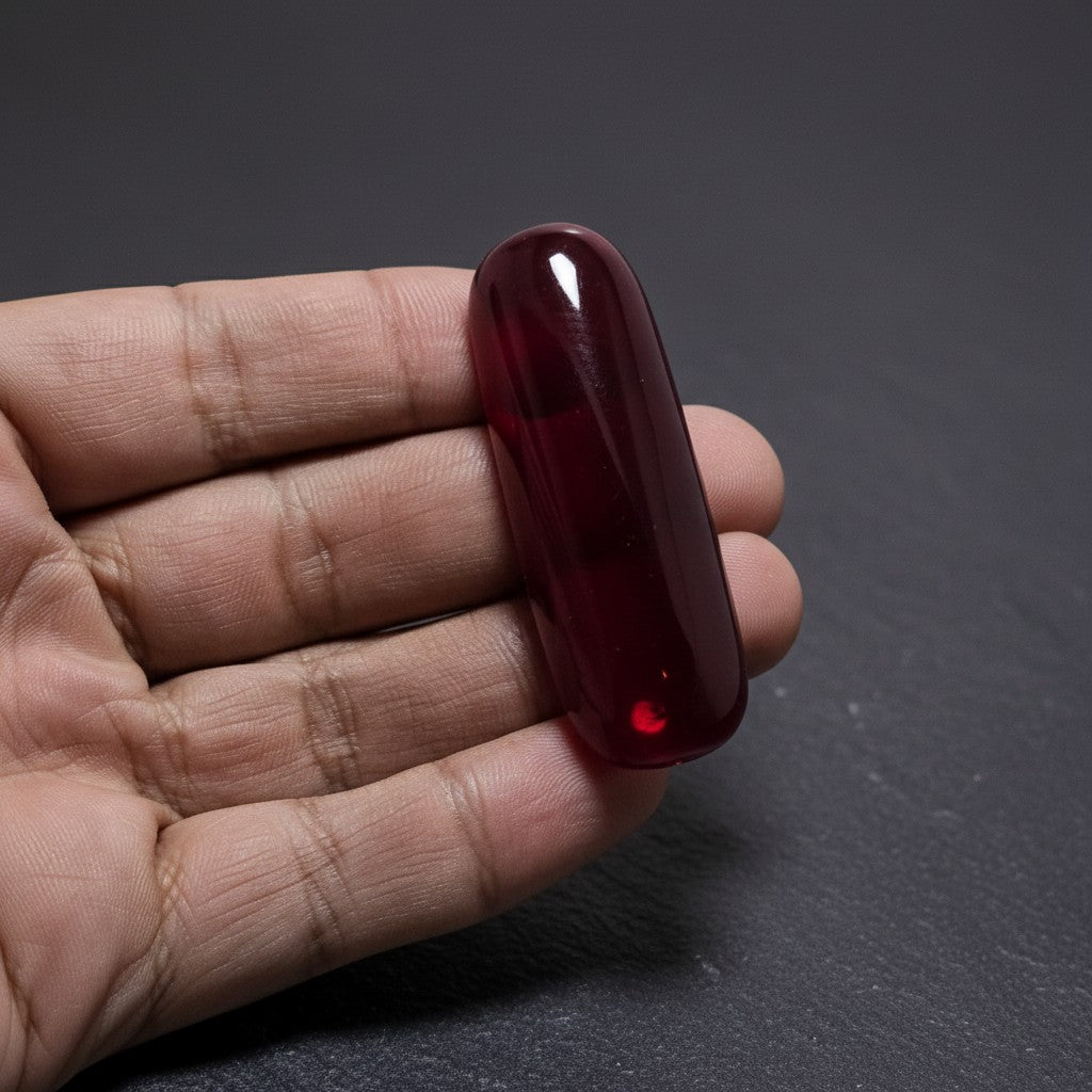 SilverStones.Pk elongated oval ruby-red cabochon gemstone for jewelry making. Smooth, polished, translucent stone.