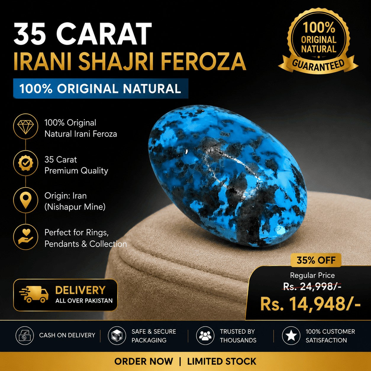 SilverStones.Pk 35 carat oval Shajri Irani Feroza turquoise stone with natural black veining for jewelry.