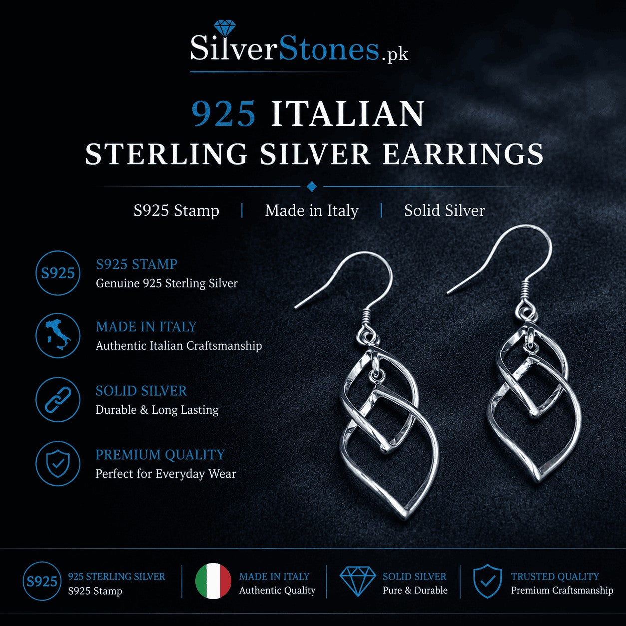 SilverStones.Pk elegant 925 Italian sterling silver drop earrings with a secure hook closure and authentic hallmark.