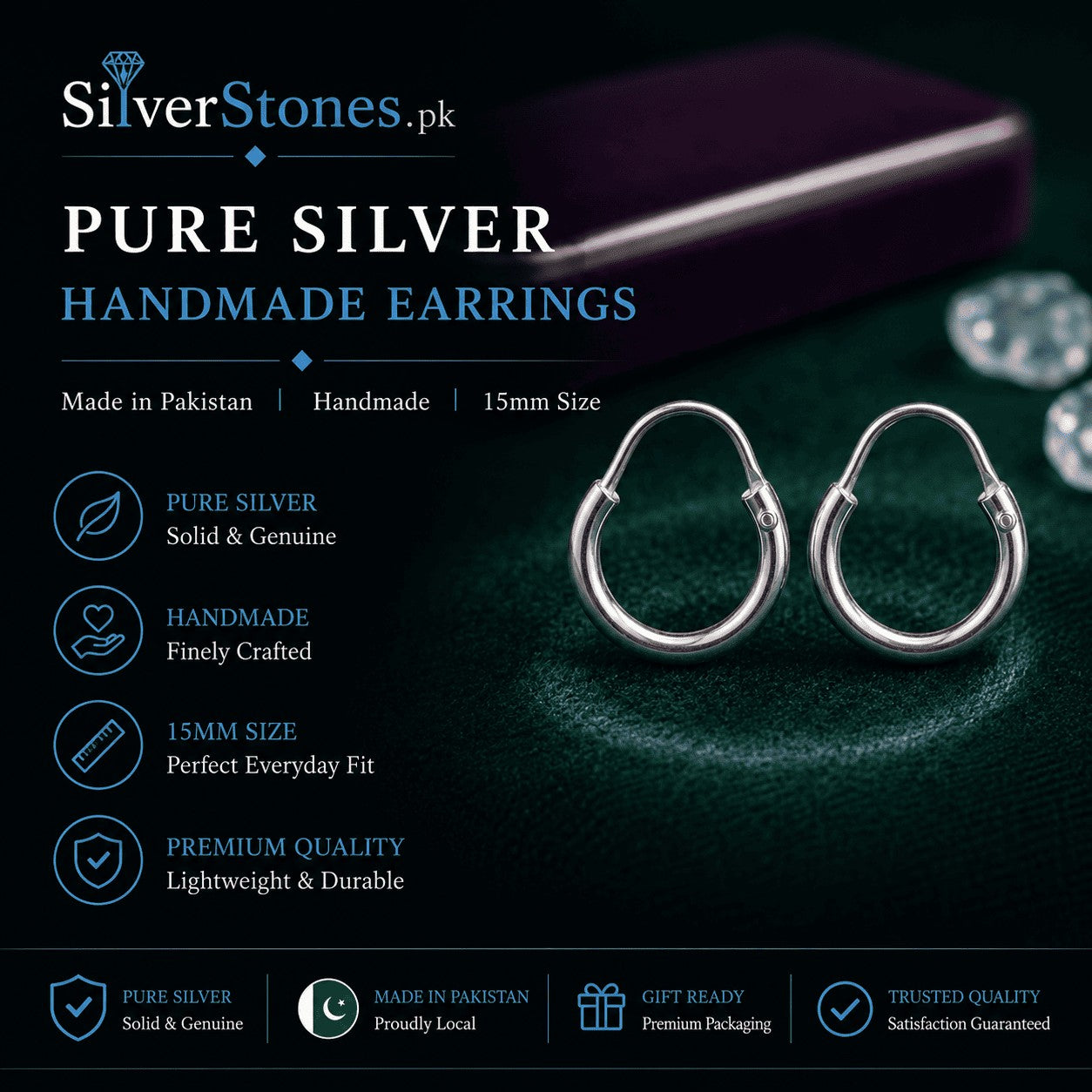 SilverStones.Pk 15mm handmade 925 silver hoop earrings with a polished finish for everyday wear.