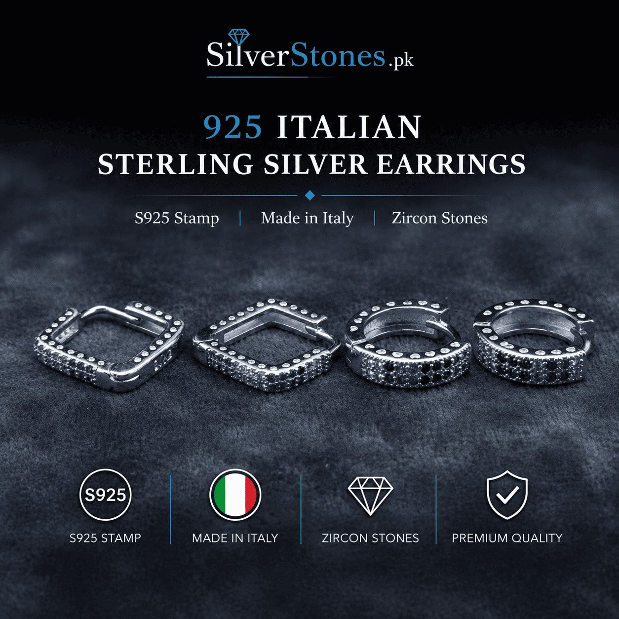 SilverStones.Pk 925 Italian sterling silver hoop earrings in square and round shapes with multicolor zircon stones.