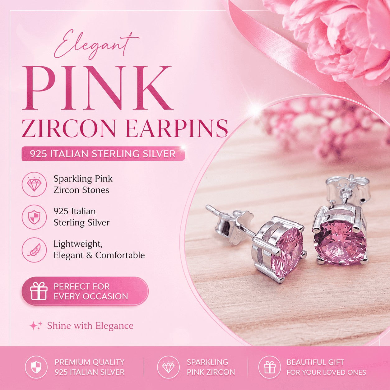 SilverStones.Pk 925 Italian sterling silver earpins featuring sparkling pink zircon stones in a classic stud design.