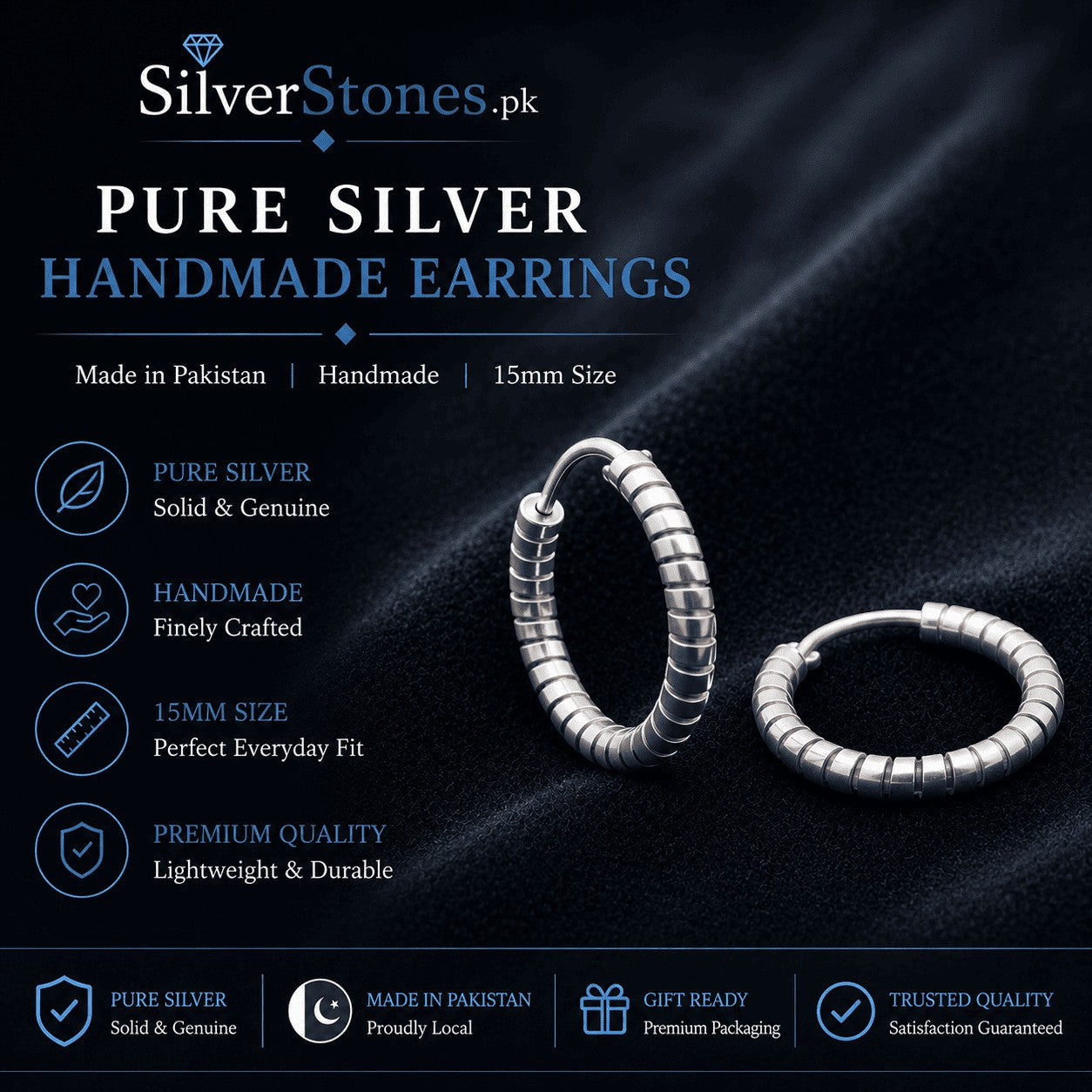 SilverStones.Pk 15mm handmade 925 silver hoop earrings with a textured segmented design on a dark velvet background.