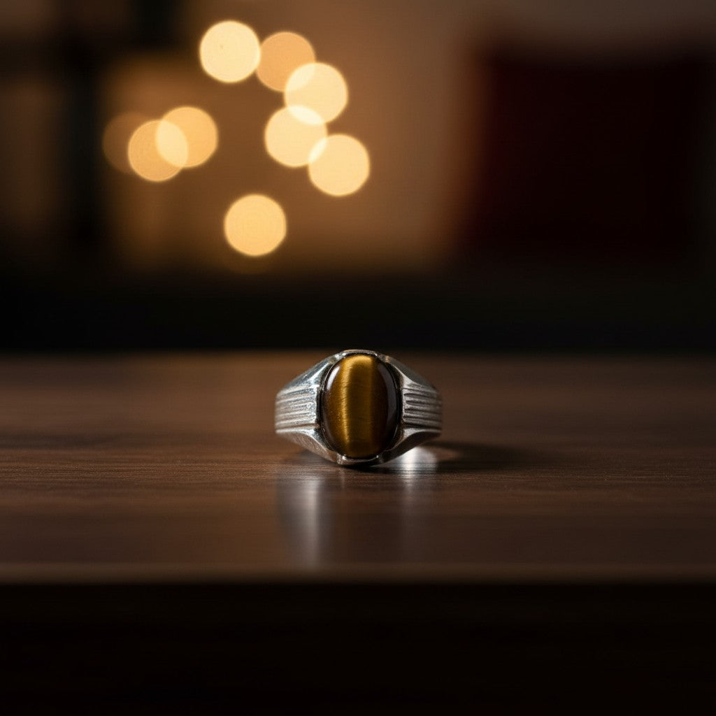 SilverStones.Pk men's sterling silver ring with oval tiger's eye gemstone and textured vertical groove band.