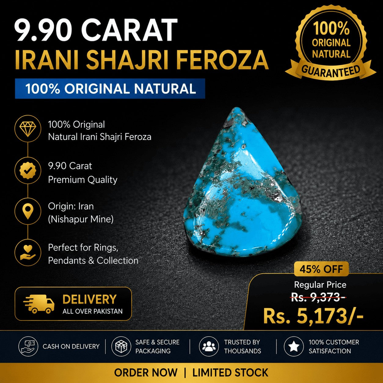 SilverStones.Pk 9.90 carat pear-shaped natural Irani Shajri Feroza turquoise gemstone with unique dark vein patterns.