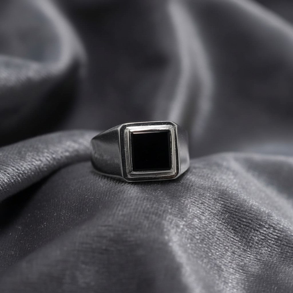 SilverStones.Pk men's sterling silver ring with a square black onyx inlay. Polished silver band.