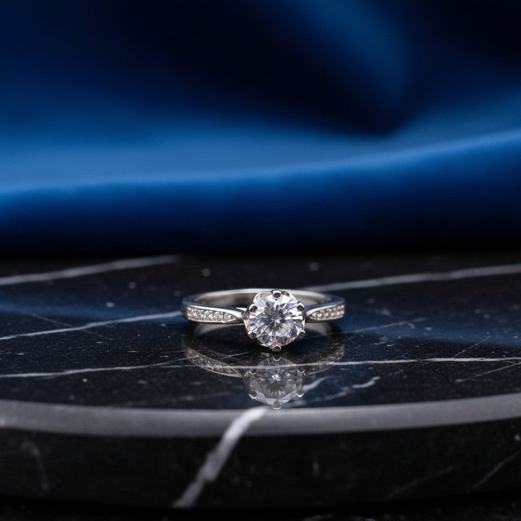 SilverStones.Pk 0.8 carat moissanite diamond ring in rhodium-plated Italian 925 sterling silver with pave band.