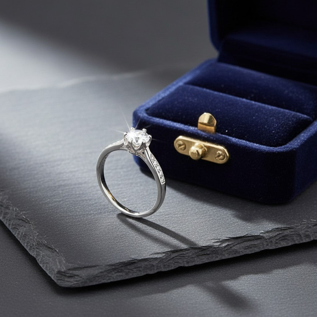 SilverStones.Pk 0.8 carat moissanite diamond ring in rhodium-plated Italian 925 sterling silver with a solitaire stone and accent stones on the band.