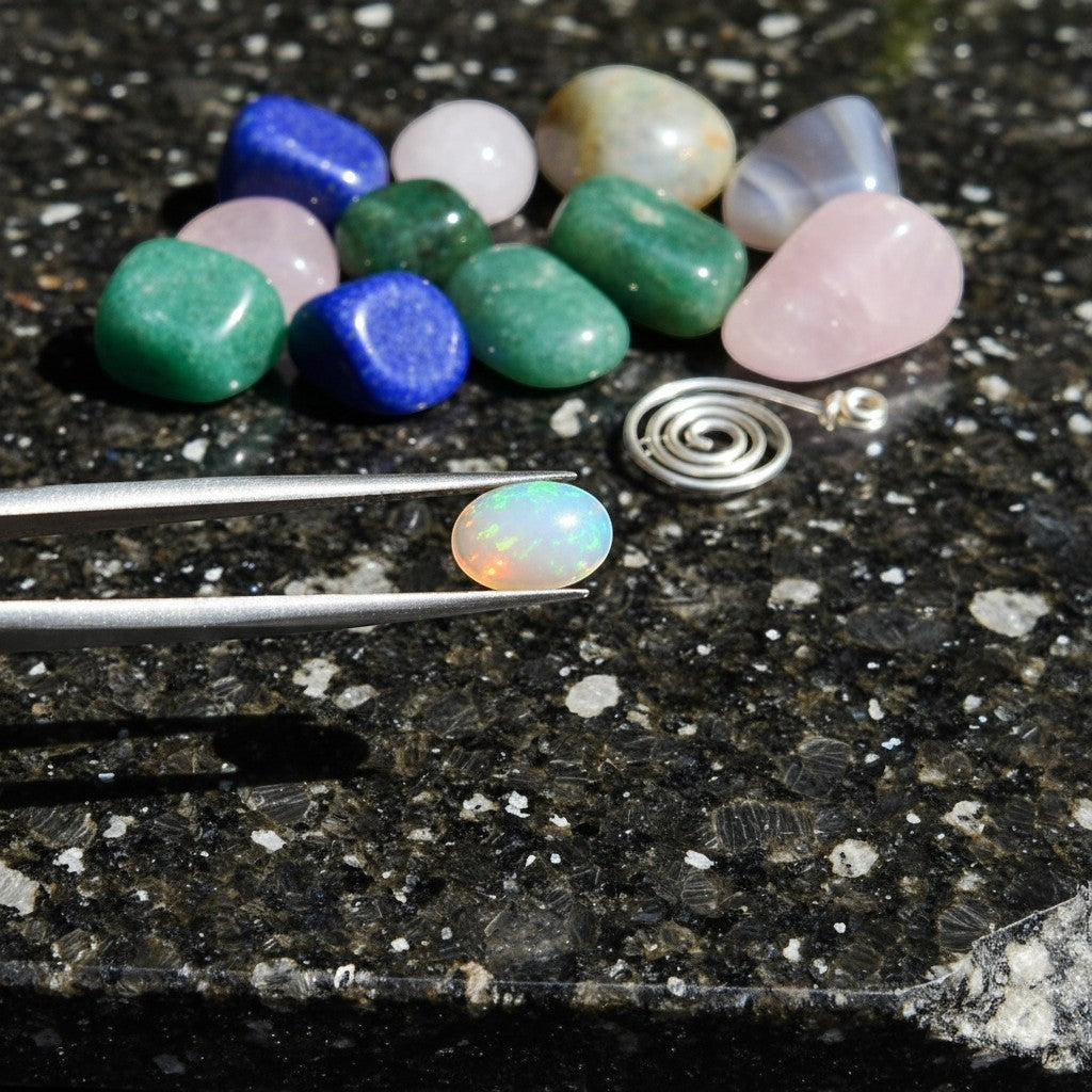 SilverStones.Pk 0.80 carat A+ quality oval Ethiopian opal with exceptional fire and play-of-color held in tweezers.