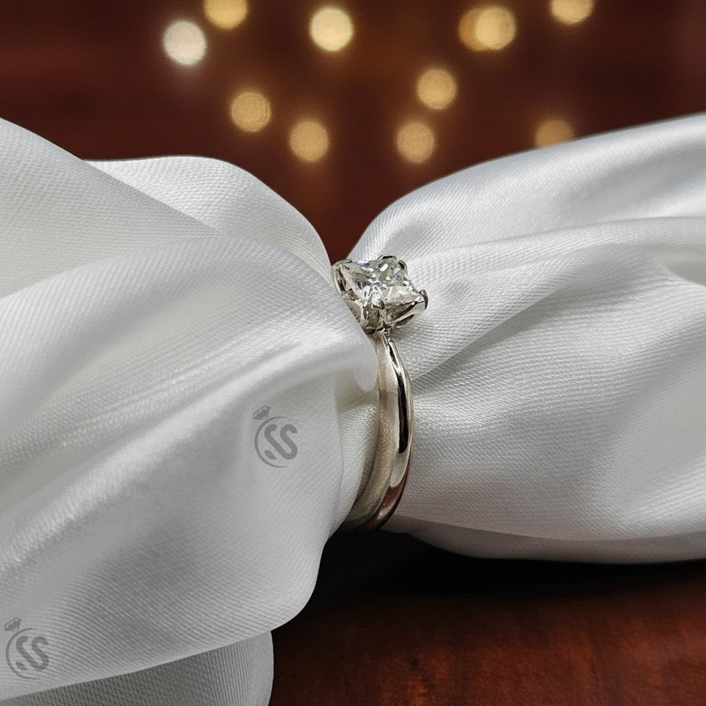 SilverStones.Pk ladies' 1 carat moissanite diamond ring in polished silver, showcasing a square-cut stone.