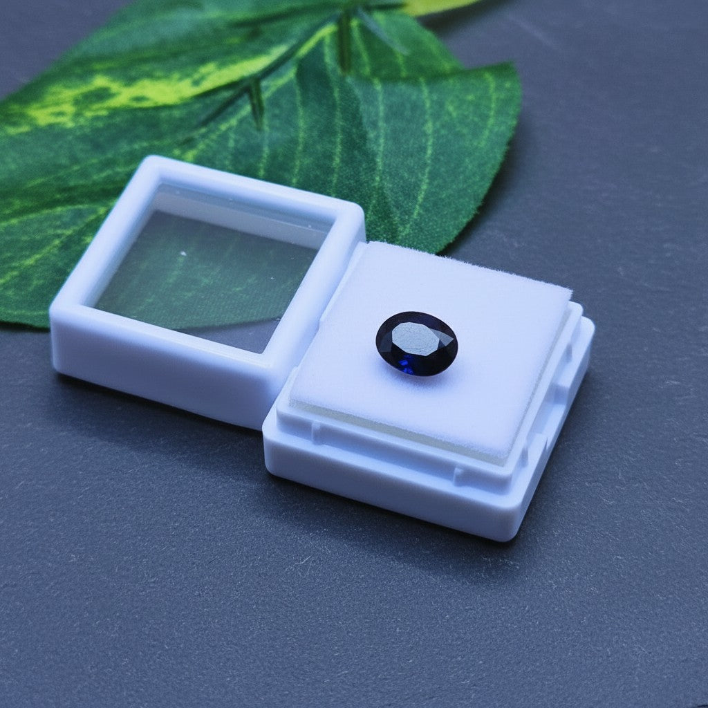 SilverStones.Pk 2 carat oval-cut natural blue sapphire gemstone in a white display box, African origin.