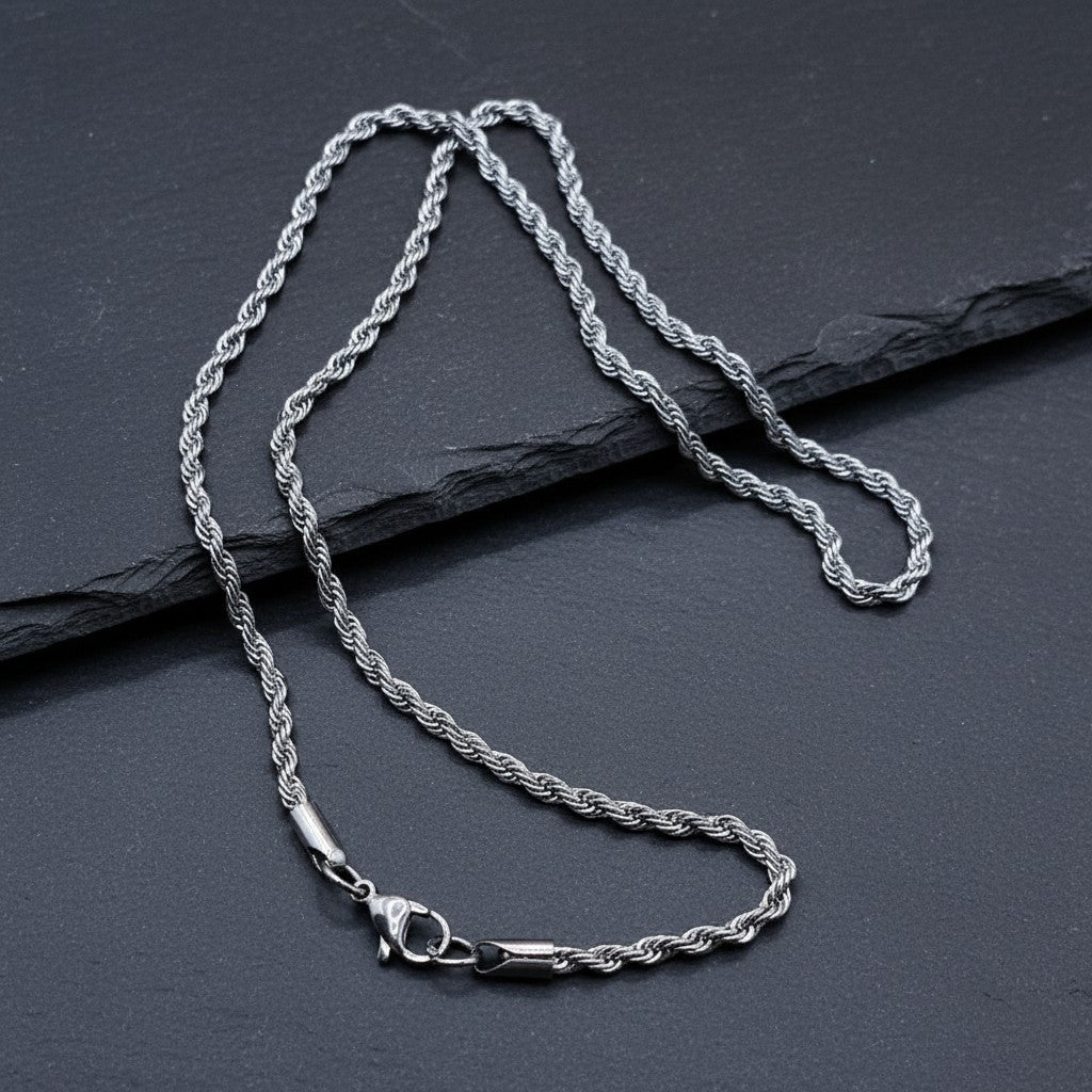 SilverStones.Pk men's 2mm stainless steel rope chain, 20 inches long, with a classic rope design and secure clasp.
