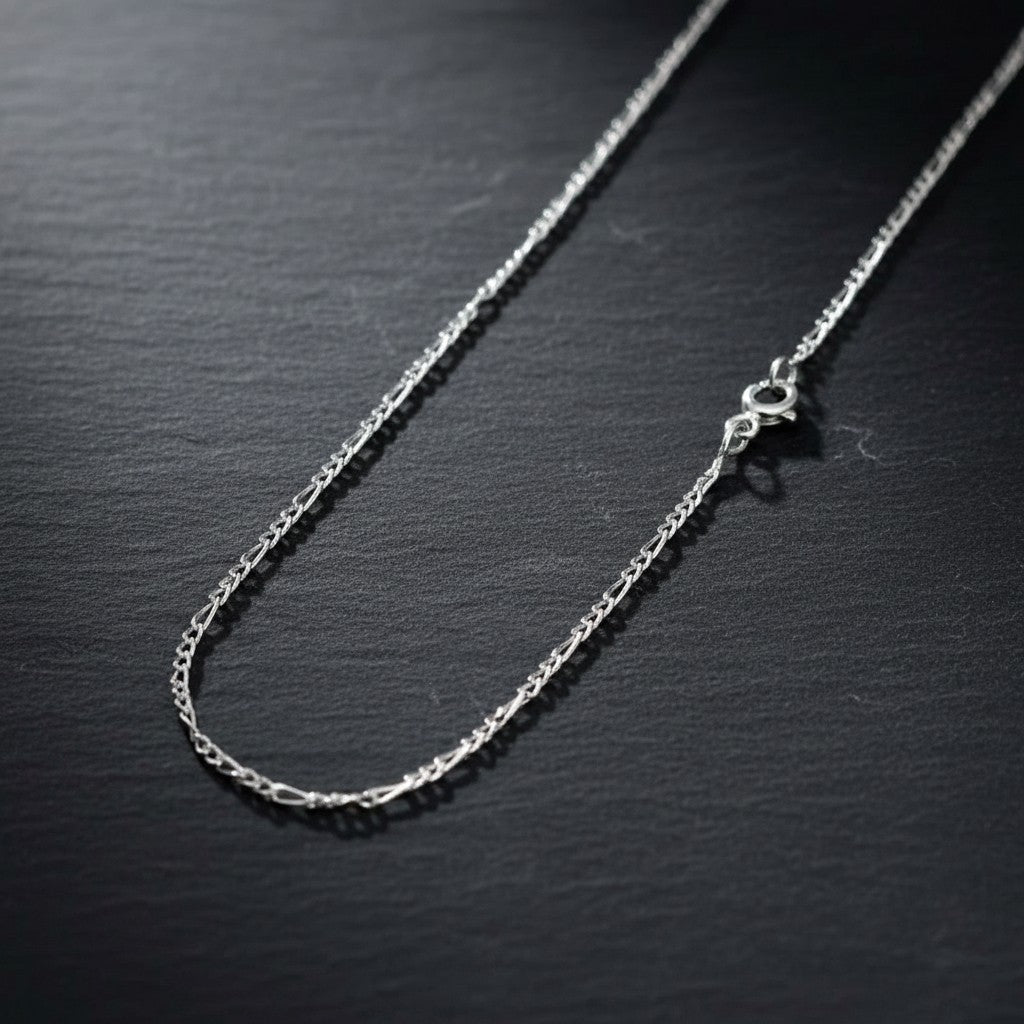 SilverStones.Pk 2mm sterling silver Figaro chain necklace with alternating oval and round links, Italian made.