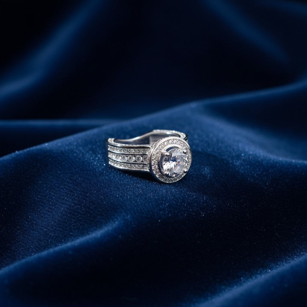 SilverStones.Pk 925 Italian silver ring with a 1 carat oval moissanite diamond center stone surrounded by micro zircon accents.