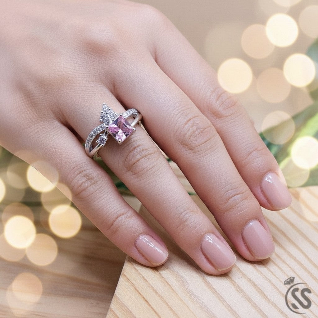 SilverStones.Pk 925 Italian silver ring with pink square zircon and small clear zircons. Elegant design.