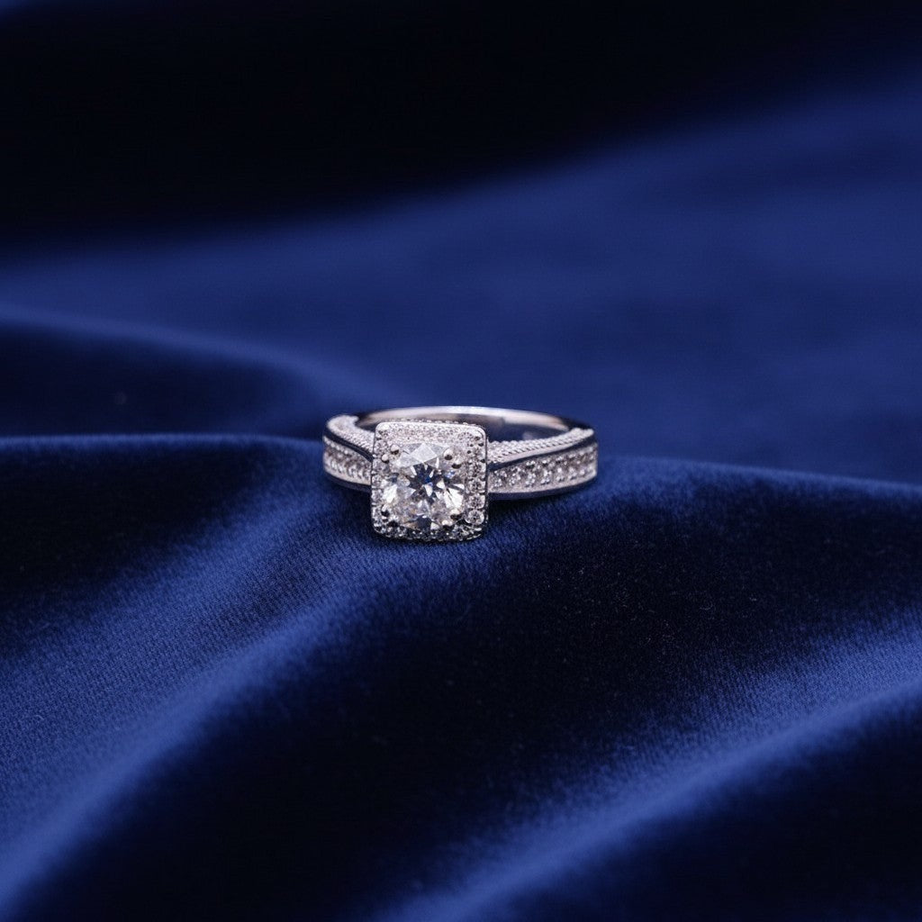 SilverStones.Pk 925 Italian sterling silver ladies ring with square-cut zircon center stone and pave band.