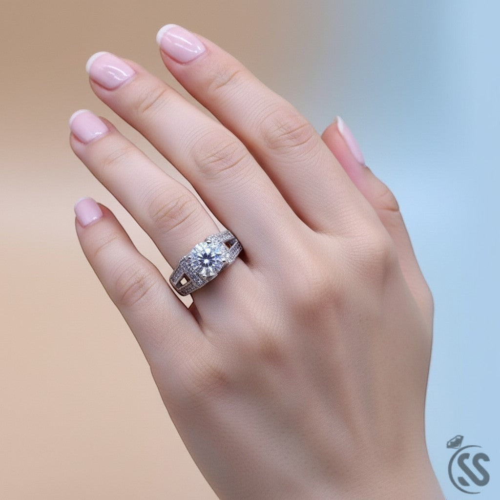 SilverStones.Pk 925 Italian sterling silver ring with a large central zircon and smaller pave-set zircons on the band.