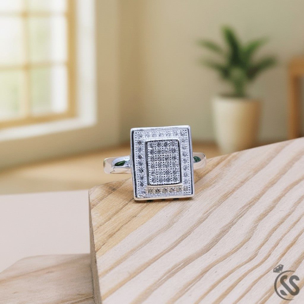 SilverStones.Pk unisex ring in 925 sterling silver with a rectangular face set with micro white zircons.