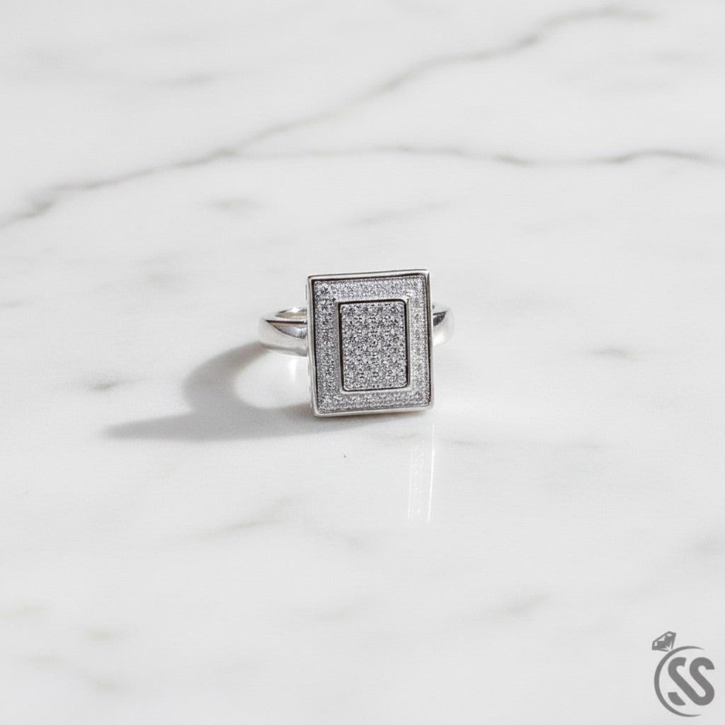 SilverStones.Pk unisex 925 sterling silver ring with micro white zircons in a rectangular design.