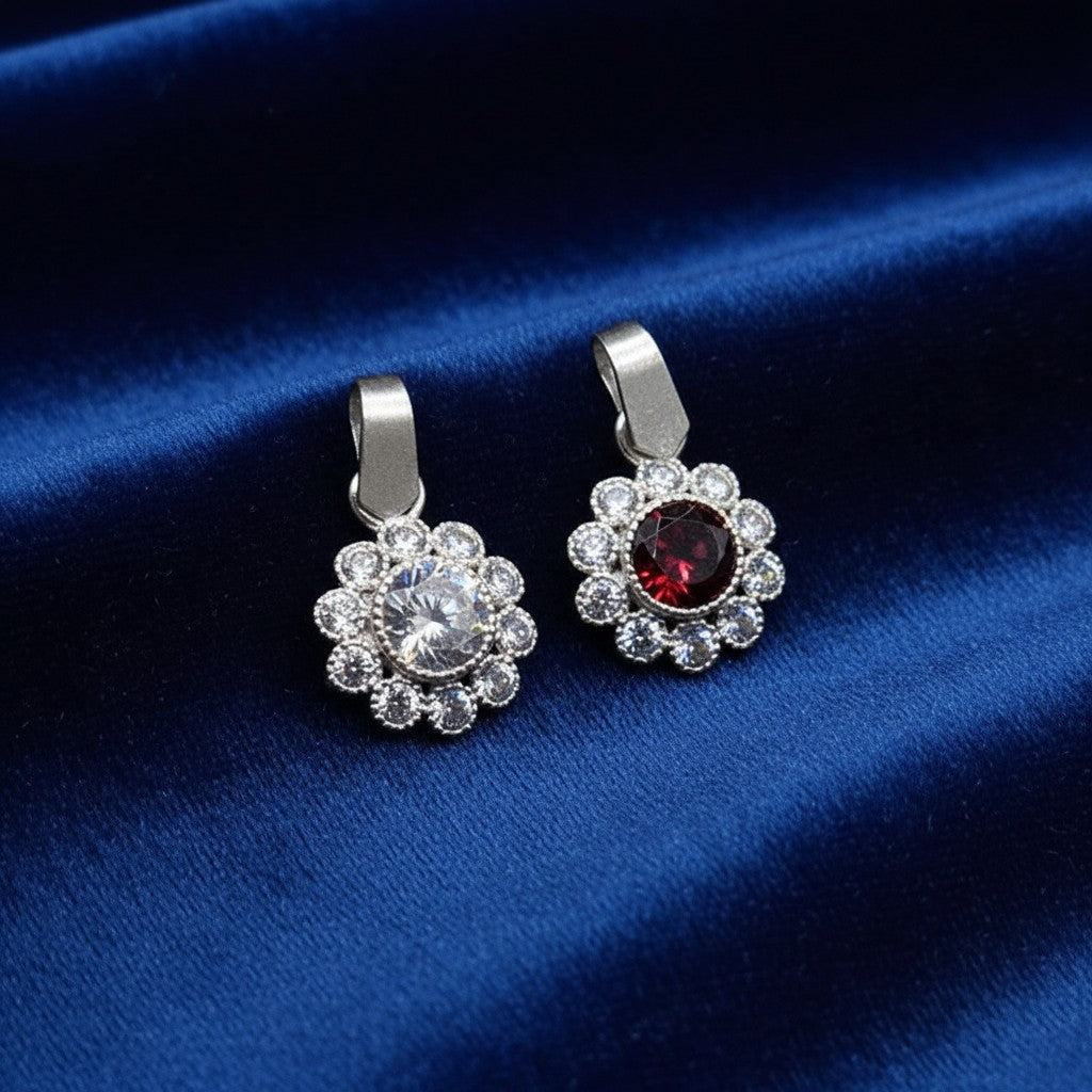 SilverStones.Pk 925 sterling silver pendant with clear and red zircon stones, floral design, for ladies.