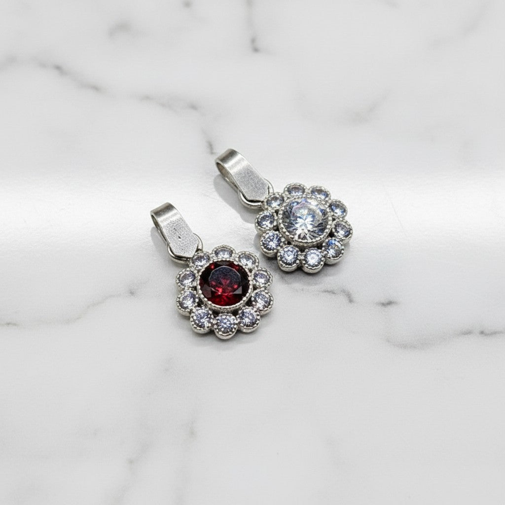SilverStones.Pk 925 sterling silver pendant with clear and red zircon stones, floral design, for ladies.