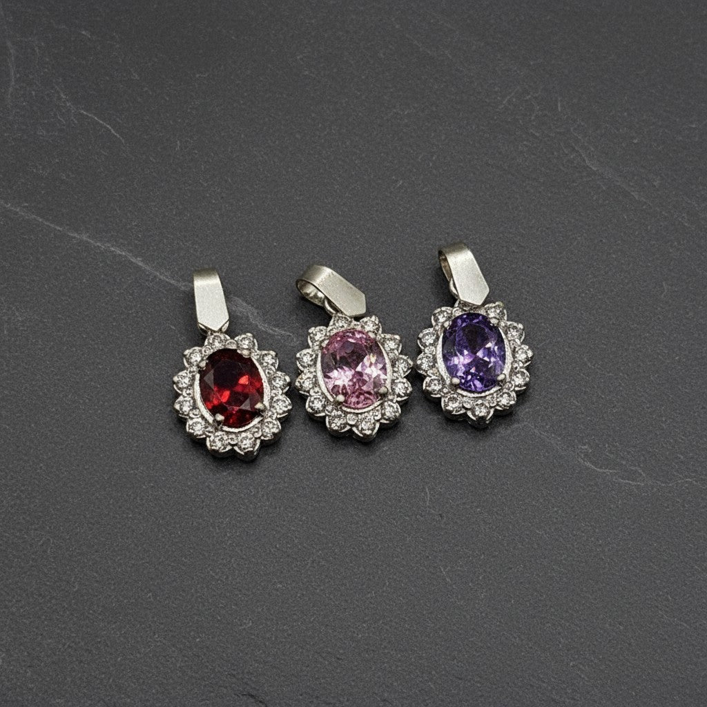 SilverStones.Pk 925 sterling silver pendant with oval red, pink, and purple zircon stones surrounded by small clear stones.