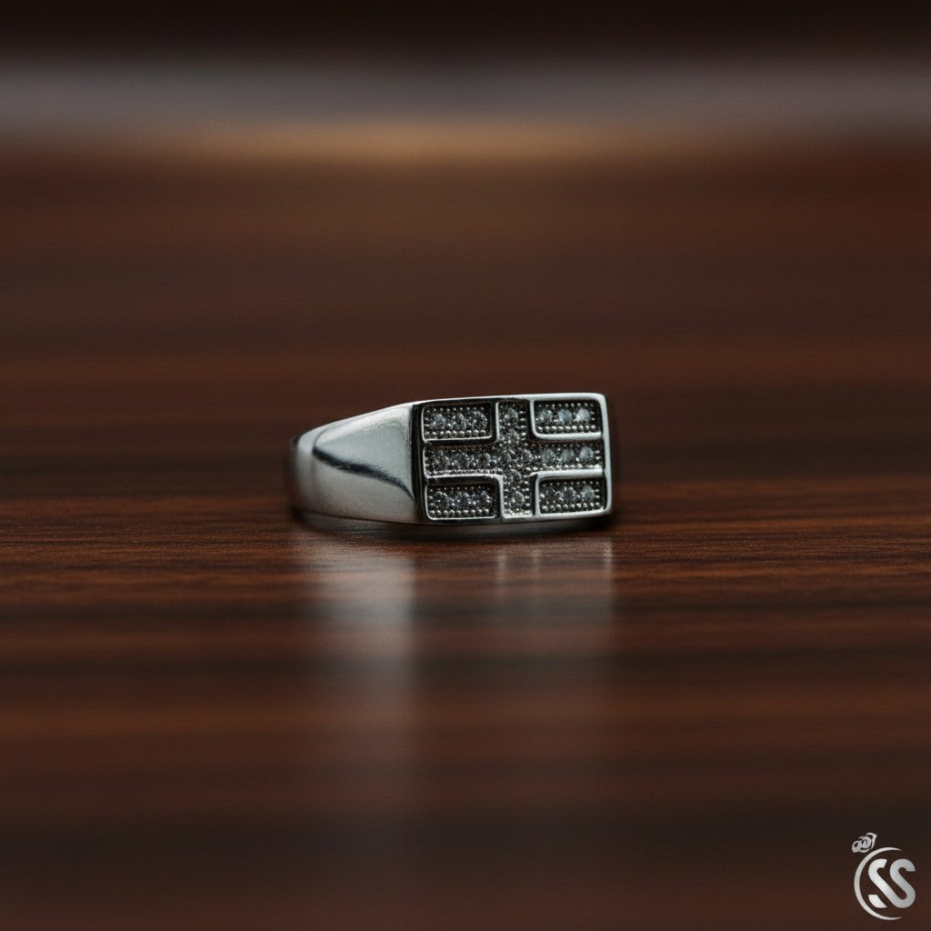 SilverStones.Pk 925 Sterling Silver Italian Gents Ring with micro zircons and a cross design.