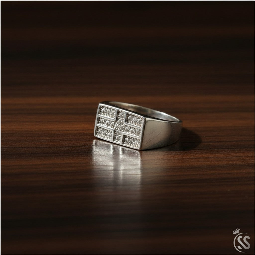 SilverStones.Pk 925 Sterling Silver Italian Gents Ring with micro zircons, rectangular design.