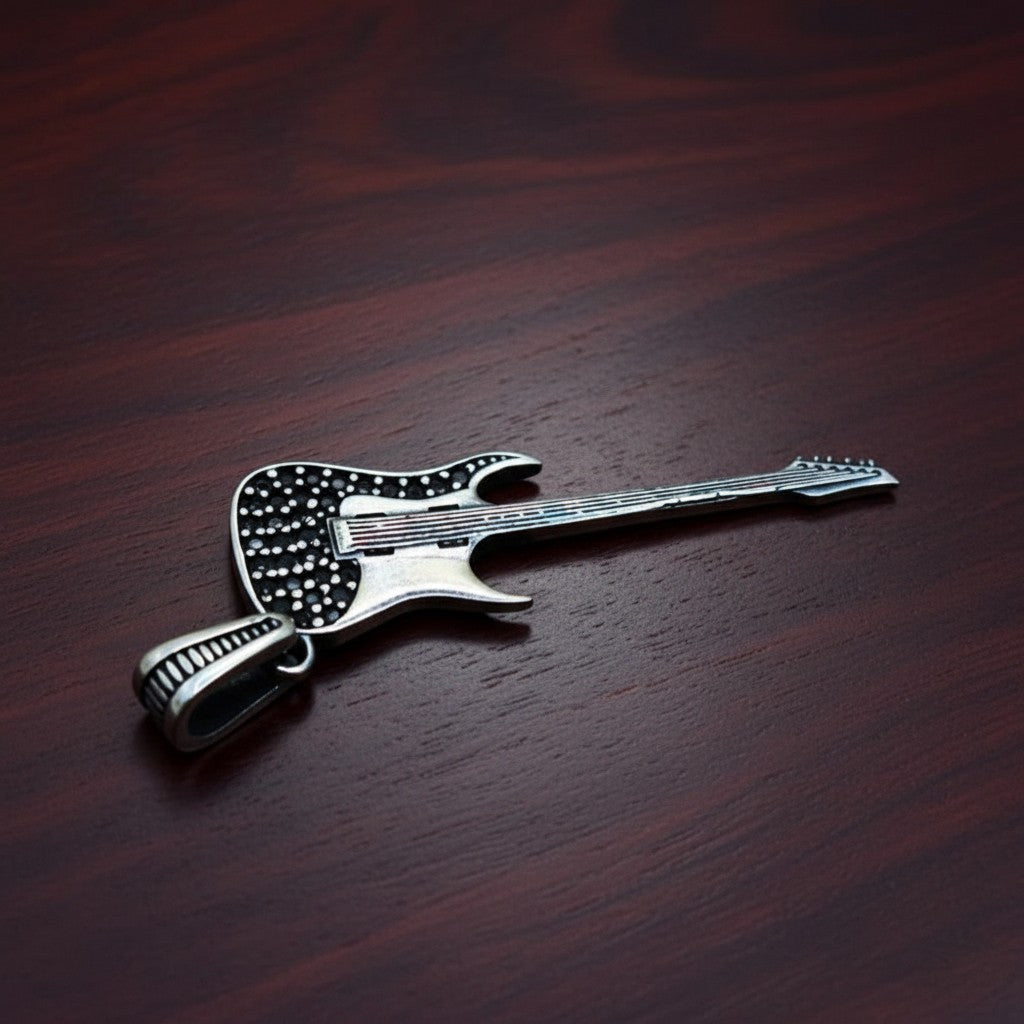 SilverStones.Pk 925 sterling silver guitar pendant for men with black zircon stones and oxidised black finish.