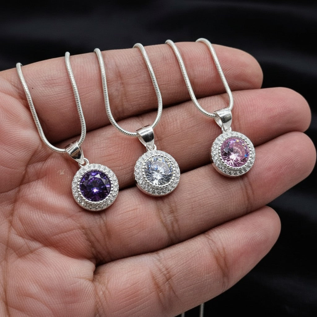 SilverStones.Pk 925 Sterling Silver Italian chain necklace with round pendant featuring purple, white, or pink zircons.