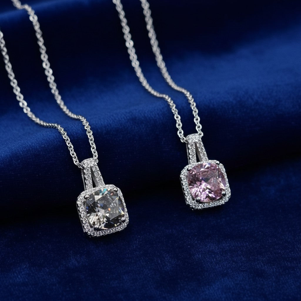 SilverStones.Pk 925 Sterling Silver Italian chain necklace with a square halo pendant, featuring a large clear or pink zircon surrounded by white zircons.