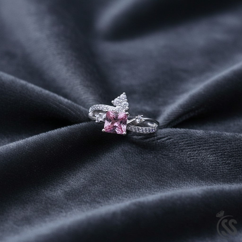 SilverStones.Pk ladies ring in 925 sterling silver with a square pink zircon and small clear zircons.