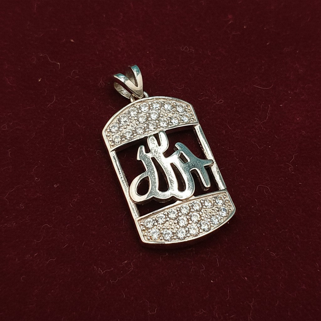 SilverStones.Pk 925 sterling silver pendant with Allah name calligraphy, encrusted with small clear stones.