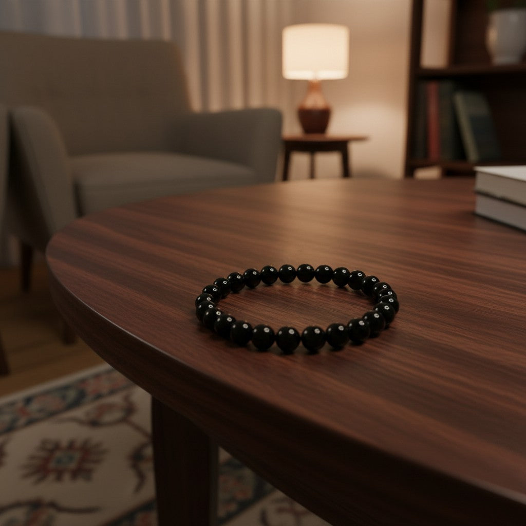 SilverStones.Pk black real aqeeq stone beaded bracelet for men and women. Elasticated design.