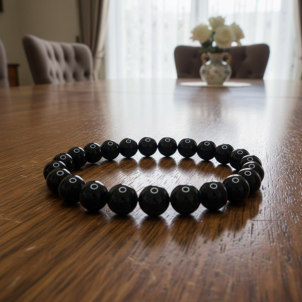 SilverStones.Pk black real aqeeq stone beaded bracelet with elastic band, suitable for men and women.